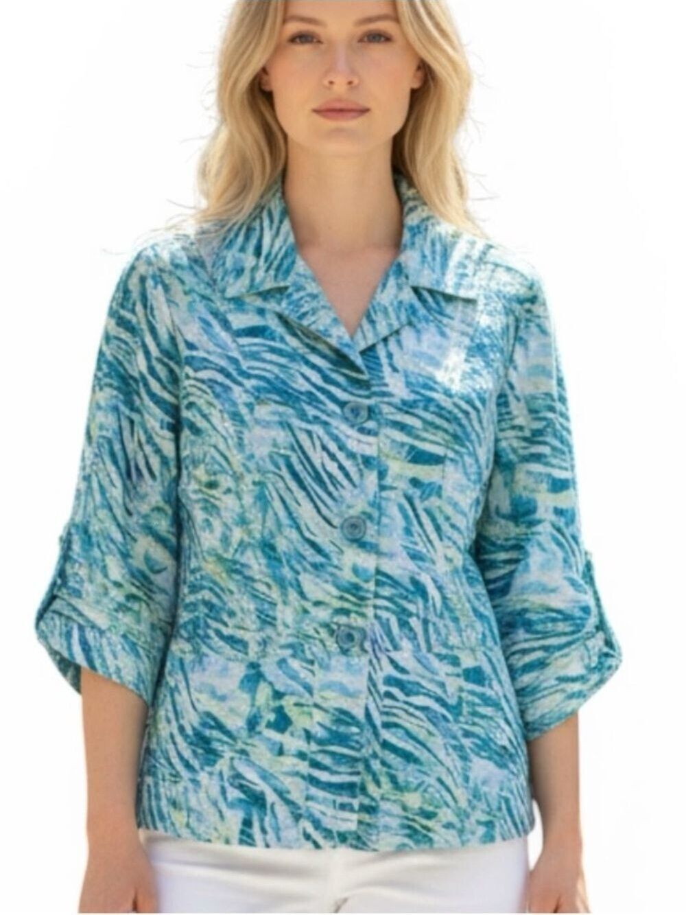 Chico's Ailee Linen Blend Jacket Blue Cyan Animal Print with Pockets Small 0